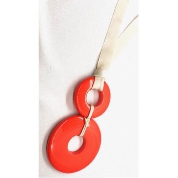 Vintage Mod Double Orange Circular Drop Necklace on Ribbon. - Picture 2 of 5